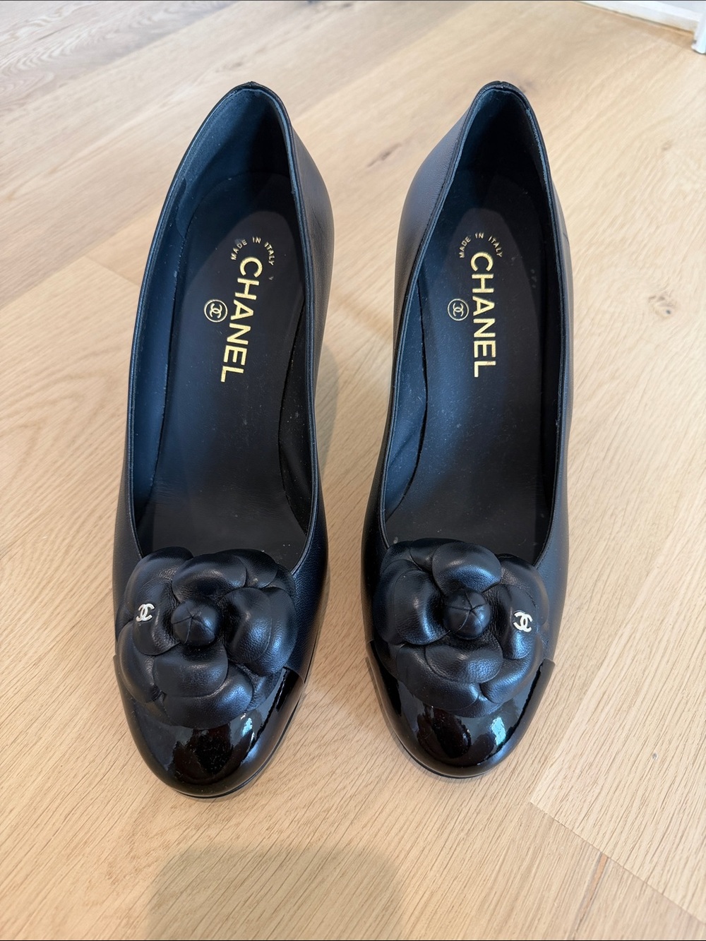 CHANEL Black Leather Camellia Toe Pumps with CC Hardware